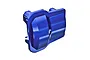 A blue anodized aluminium differential cover for Traxxas RC vehicles, shown from a side-angle view against a white background.