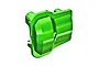 A bright green anodized aluminium differential cover for a Traxxas RC vehicle, shown from an angled perspective against a white background.