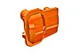 An orange anodized aluminium differential cover for a Traxxas RC vehicle, shown from a side angle against a white background.