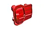 A bright red anodized aluminium differential cover for Traxxas RC vehicles, shown from an angled perspective against a white background.