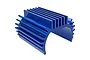 A blue anodized aluminium motor heatsink with cooling fins, designed for RC car motors.