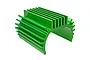 A bright green anodized aluminium motor heatsink with cooling fins, designed for RC car motors.