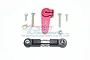 A red GPM Racing 15T aluminium servo horn, a black and silver adjustable tie rod, and various mounting screws and hardware on a white background.