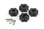 Four black plastic wheel hex adapters and four small metal pins for RC cars, arranged on a white background.