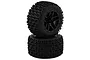 Two black RC car wheels with knobby TerraHex tread patterns stacked vertically on a white background.