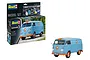 Revell 1/24 scale Volkswagen T1 Panel Van Gulf model kit box and a fully assembled model van on a white background.