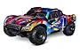 Traxxas Maxx Slash 6S RC short course truck with a vibrant blue, red, and yellow paint scheme on a white background.
