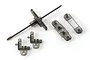 A set of Syma RC helicopter spare parts including a metal inner shaft with a plastic head, two L-shaped blade grips, and two plastic stabilizer bar components.