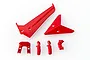A set of red plastic RC helicopter tail decoration parts including fins and small mounting components on a white background.