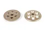 Two gold-coloured aluminium slipper plates for RC cars, featuring a circular design with six holes and a central D-shaped mounting hole.
