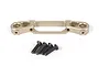 A gold-anodized aluminium RC body post mount with four black machine screws on a white background.