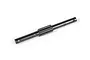 A black metal outdrive shaft for an RC vehicle, featuring a splined center section and cross-drilled holes at both ends.
