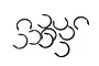 A collection of ten small, dark grey metal C-clips scattered on a white background.