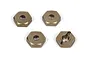 Four gold-coloured aluminium 12mm RC wheel hex adapters arranged on a white background.