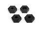 Four black plastic 12mm wheel hex adapters for RC cars arranged on a white background.