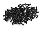 A pile of small black Phillips head screws for RC car body fenders on a white background.