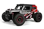 Maverick Doha 1/20 scale RC desert truck in red, grey, and black with off-road tires and a roll cage design.