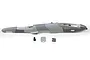 A grey E-Flite RC plane fuselage spare part shown from the side with three small accessory components placed below it on a white background.