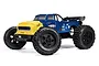 ARRMA Notorious 6S V6 BLX RC stunt truck in blue and yellow, featuring large off-road tires and a classic truck body style.