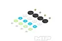 A set of MIP 16mm 6-hole bypass pistons with various coloured shims and small metal spacers arranged on a white background.