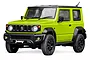 A studio shot of a lime green FMS 1/12 scale Suzuki Jimny RC rock crawler with black roof, black wheel arches, and black wheels on a white background.