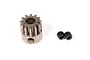 A steel 12-tooth pinion gear with a set screw hole, accompanied by two small black grub screws on a white background.