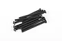 A pile of ten black metal button head screws with fine threading on a white background.