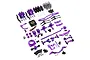 A collection of magenta anodized aluminium RC car upgrade parts including suspension arms, steering knuckles, shock absorbers, and a cooling fan.