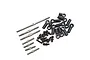 A set of silver metal turnbuckles, black plastic rod ends, and small metal ball studs for RC car suspension and steering.