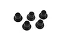 Five small black flanged Delrin suspension arm washers arranged on a white background.