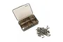 A small, open, six-compartment plastic storage box next to a pile of various silver-coloured metal RC screws on a white background.