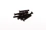 A small pile of black metal countersunk head screws with hex drive sockets, isolated on a white background.
