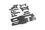 A set of flat carbon fiber RC chassis upgrade parts arranged on a white background.