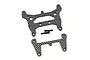 Two graphite RC shock towers with a woven carbon fiber pattern and two black countersunk screws on a white background.