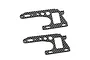 Two identical black carbon fiber RC chassis brace plates with cutouts and mounting holes on a white background.