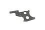 A flat, black carbon fiber rear chassis brace plate for an RC car, featuring a complex cut-out shape with multiple mounting holes.