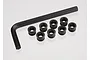 Traxxas aluminium pivot ball cap set including eight black threaded caps and a matching hex wrench on a white background.