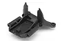 A black plastic rear bulkhead spare part for a Traxxas RC vehicle, shown from a high-angle studio perspective.