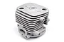 A silver-coloured metal 2-bolt cylinder head for an RC engine, showing cooling fins and a central threaded spark plug hole.