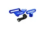 GPM Racing blue anodized aluminium battery mount set with a black hook-and-loop strap on a white background.