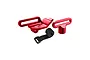 A set of red anodized aluminium RC battery mounts and a black velcro strap on a white background.