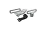 GPM Racing silver aluminium battery mount set with two metal brackets and a black velcro strap on a white background.