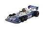 A 1/10 scale Tamiya Tyrrell P34 six-wheeler RC car model in blue and white livery with Elf and First National City branding on a white background.