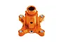 An orange anodized aluminium differential locker part for RC cars, featuring a central hub with four mounting points and threaded holes.