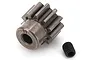 A Traxxas 11-tooth pinion gear made of steel, shown with its accompanying black grub screw on a white background.