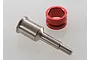 A silver metal stub axle and a red anodized aluminum sleeve for Traxxas RC vehicles on a white background.