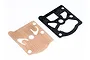 A tan-coloured flexible diaphragm and a black gasket for an RC engine carburettor, shown against a white background.