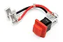 HPI Racing petrol engine kill switch featuring a red push-button with STOP embossed on it, connected to black and red wires with clear plastic terminals.