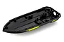 A black plastic RC boat hull spare part with green accent graphics and UDIRC branding on a white background.