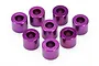 Eight purple anodized aluminum cylindrical spacers arranged on a white background.